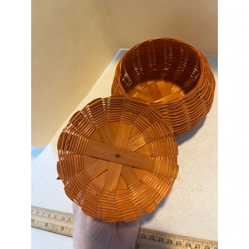 Orange Wicker Pumpkin Basket with Lid Fall Autumn Decor Floral Accent 5 Inch